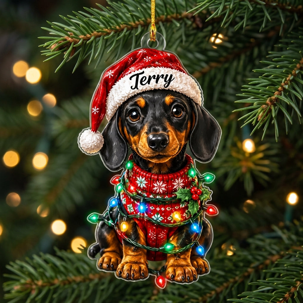 Personalized Dachshund Christmas Wood & Acrylic Ornament - Custom Name Wiener Dog Holiday Gift - mockup 1