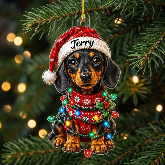 Personalized Dachshund Christmas Wood & Acrylic Ornament - Custom Name Wiener Dog Holiday Gift - mockup 1