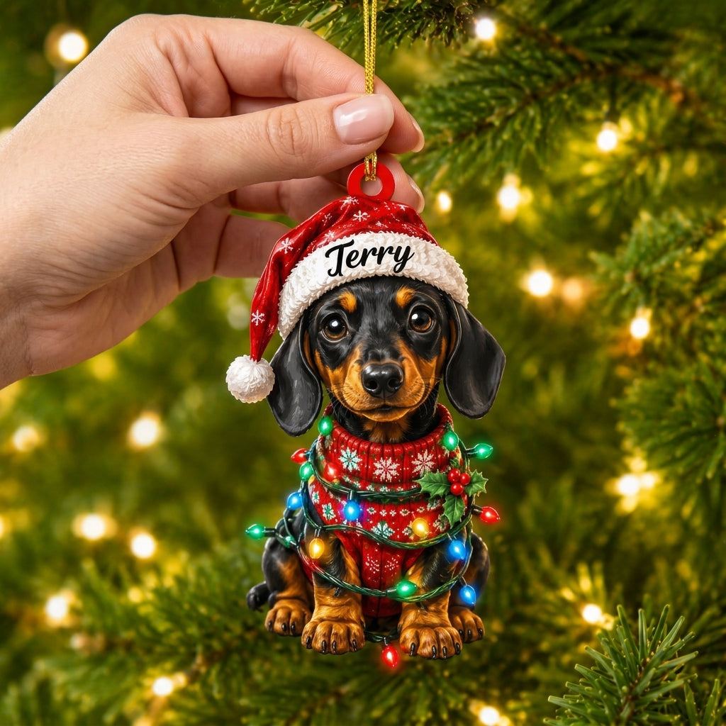 Personalized Dachshund Christmas Wood & Acrylic Ornament - Custom Name Wiener Dog Holiday Gift - mockup 2