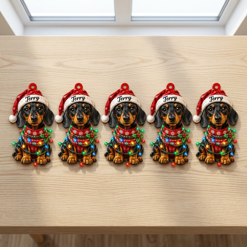 Personalized Dachshund Christmas Wood & Acrylic Ornament - Custom Name Wiener Dog Holiday Gift - mockup 4
