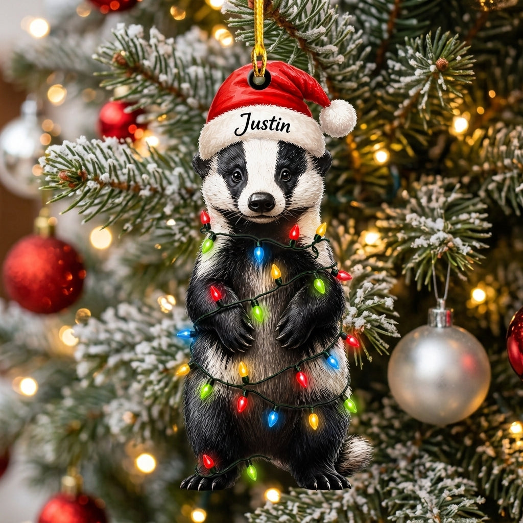 Personalized Honey Badger Santa Hat Wood & Acrylic Ornament - Custom Name Wildlife Gift - mockup 1