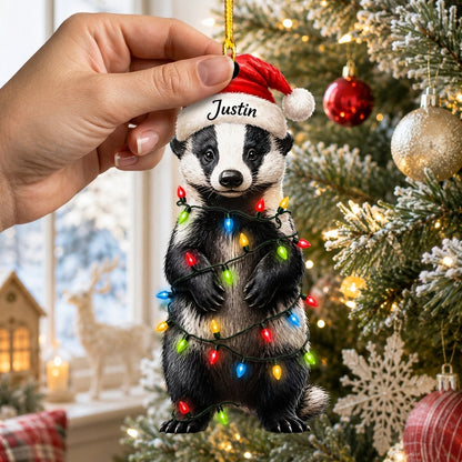 Personalized Honey Badger Santa Hat Wood & Acrylic Ornament - Custom Name Wildlife Gift - mockup 2