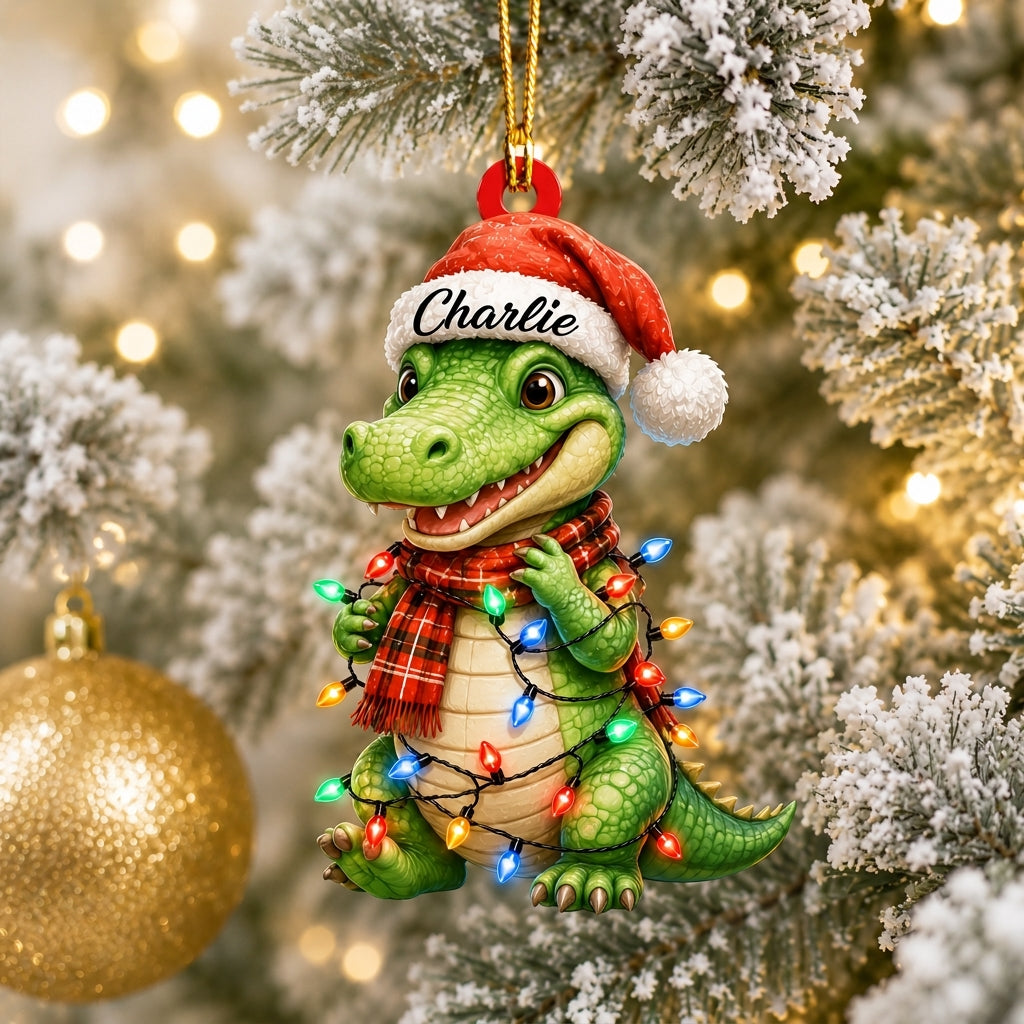 Personalized Cute Alligator Christmas Wood & Acrylic Ornament - Custom Name Crocodile Gift - mockup 1
