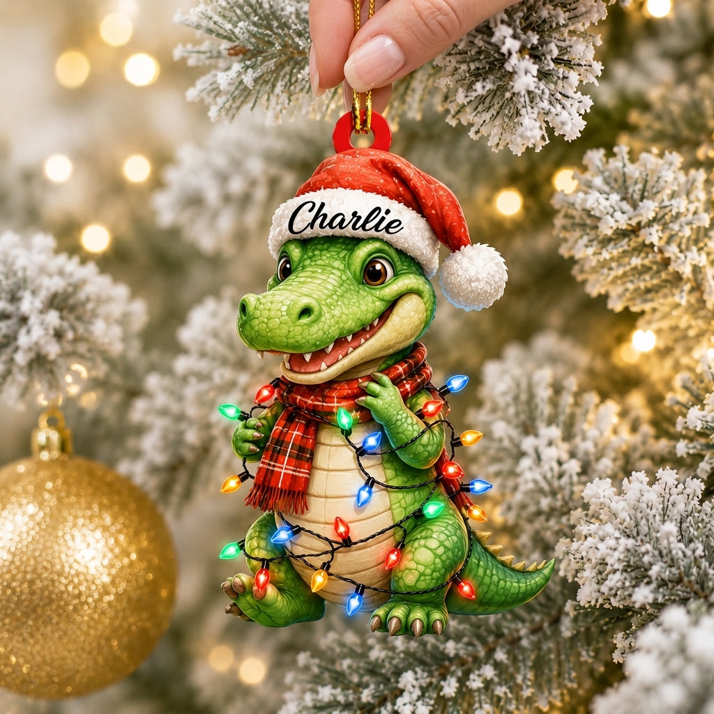 Personalized Cute Alligator Christmas Wood & Acrylic Ornament - Custom Name Crocodile Gift - mockup 2