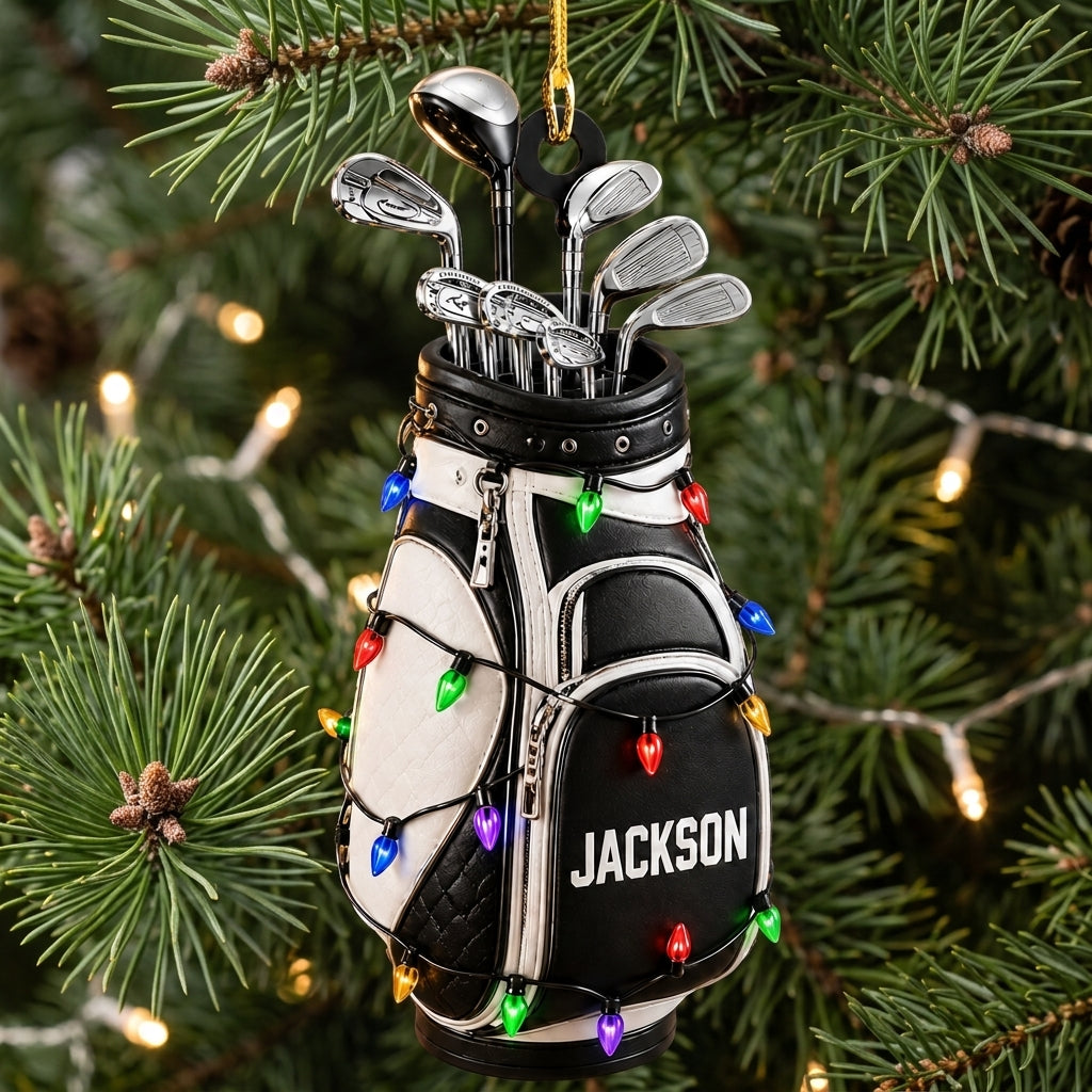 Personalized Golf Bag Wood & Acrylic Ornament - Custom Name Golfer Christmas Gift - mockup 1