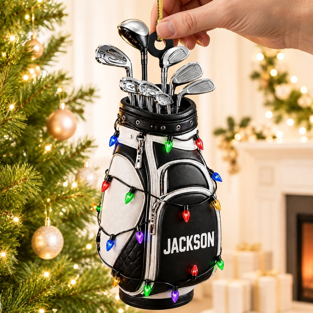 Personalized Golf Bag Wood & Acrylic Ornament - Custom Name Golfer Christmas Gift - mockup 2