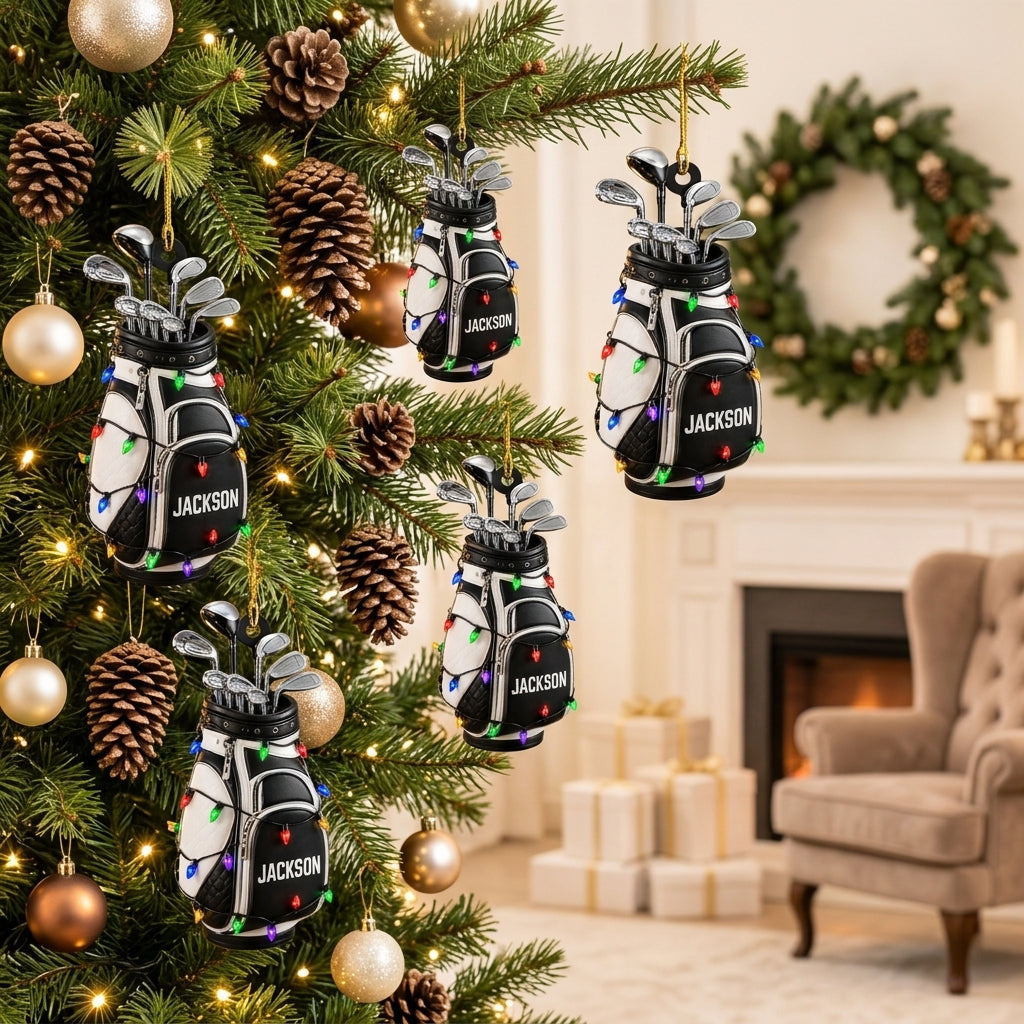 Personalized Golf Bag Wood & Acrylic Ornament - Custom Name Golfer Christmas Gift - mockup 3