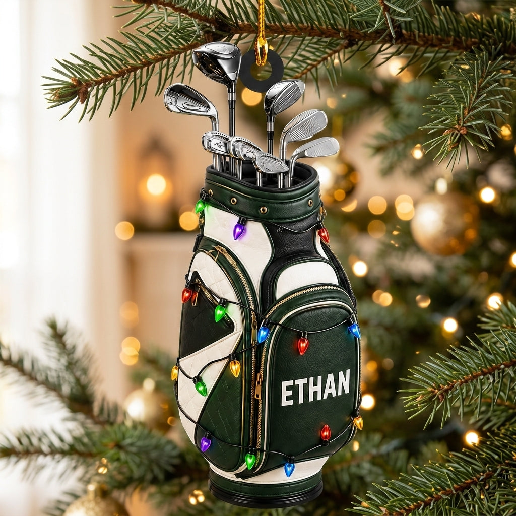 Personalized Golf Bag with Festive Lights Wood & Acrylic Ornament - Custom Gift for Golf Lovers - mockup 1