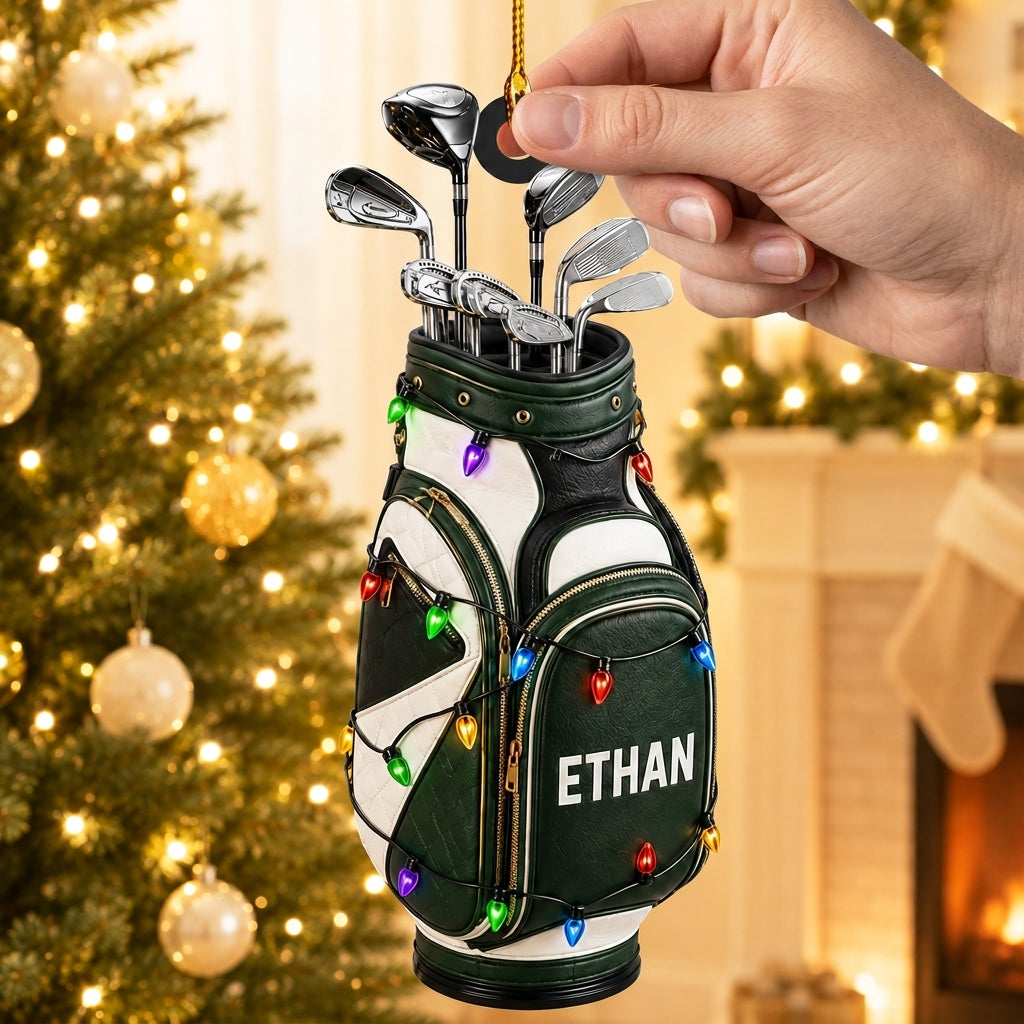 Personalized Golf Bag with Festive Lights Wood & Acrylic Ornament - Custom Gift for Golf Lovers - mockup 2
