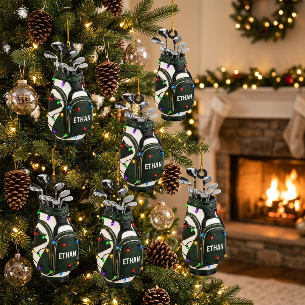 Personalized Golf Bag with Festive Lights Wood & Acrylic Ornament - Custom Gift for Golf Lovers - mockup 3
