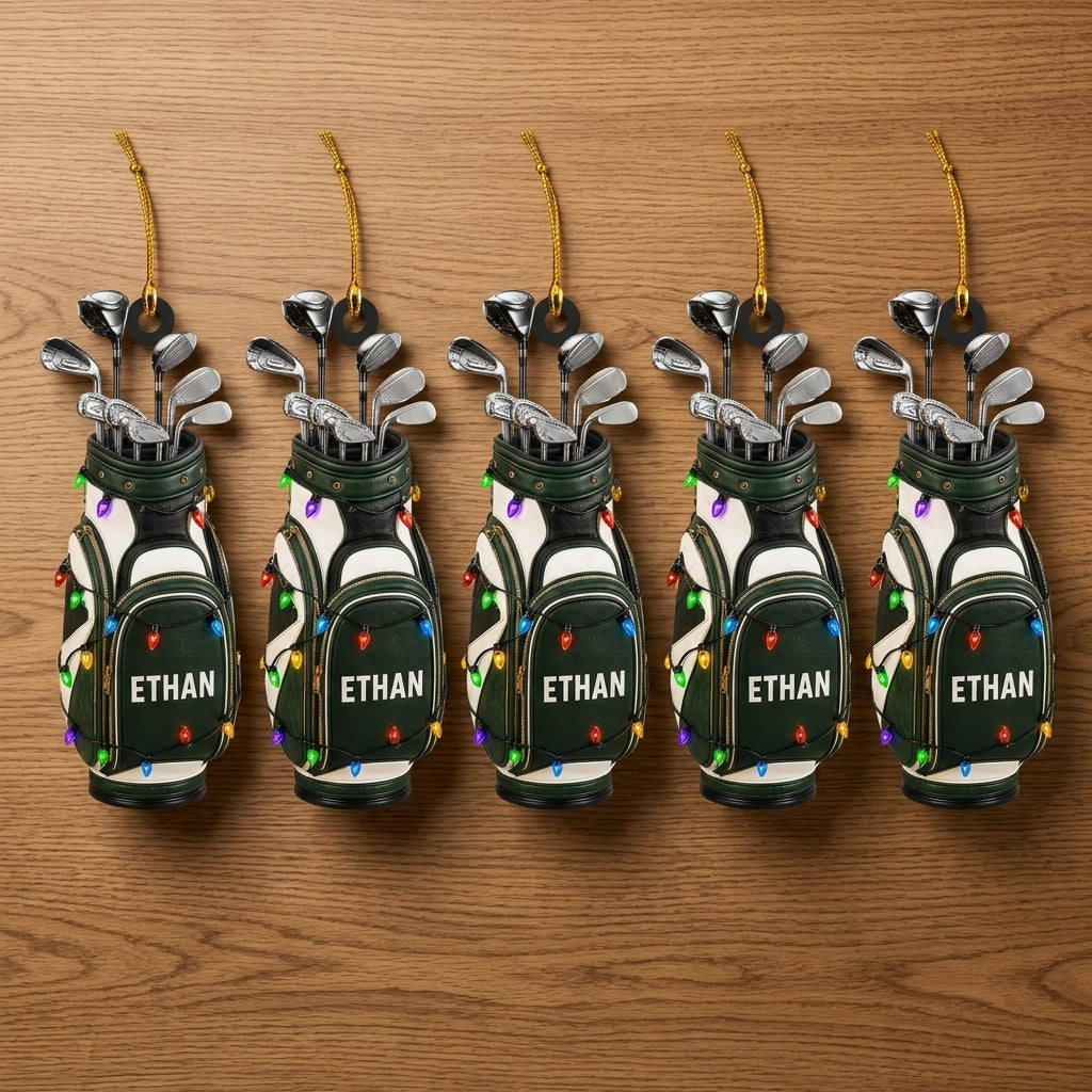 Personalized Golf Bag with Festive Lights Wood & Acrylic Ornament - Custom Gift for Golf Lovers - mockup 4