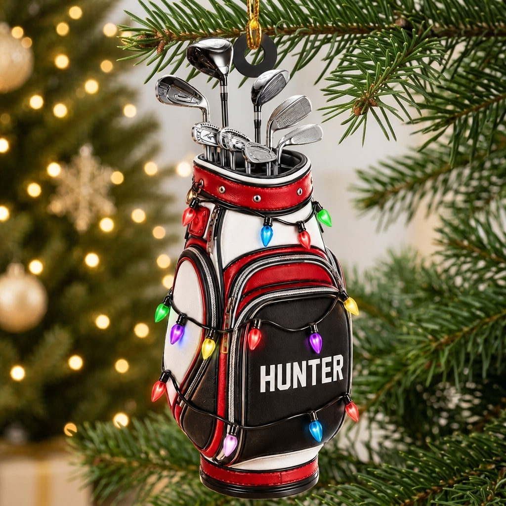 Personalized Golf Bag with Christmas Lights Wood & Acrylic Ornament – Golfer Keepsake - mockup 1