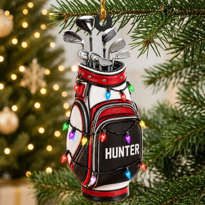 Personalized Golf Bag with Christmas Lights Wood & Acrylic Ornament – Golfer Keepsake - mockup 1