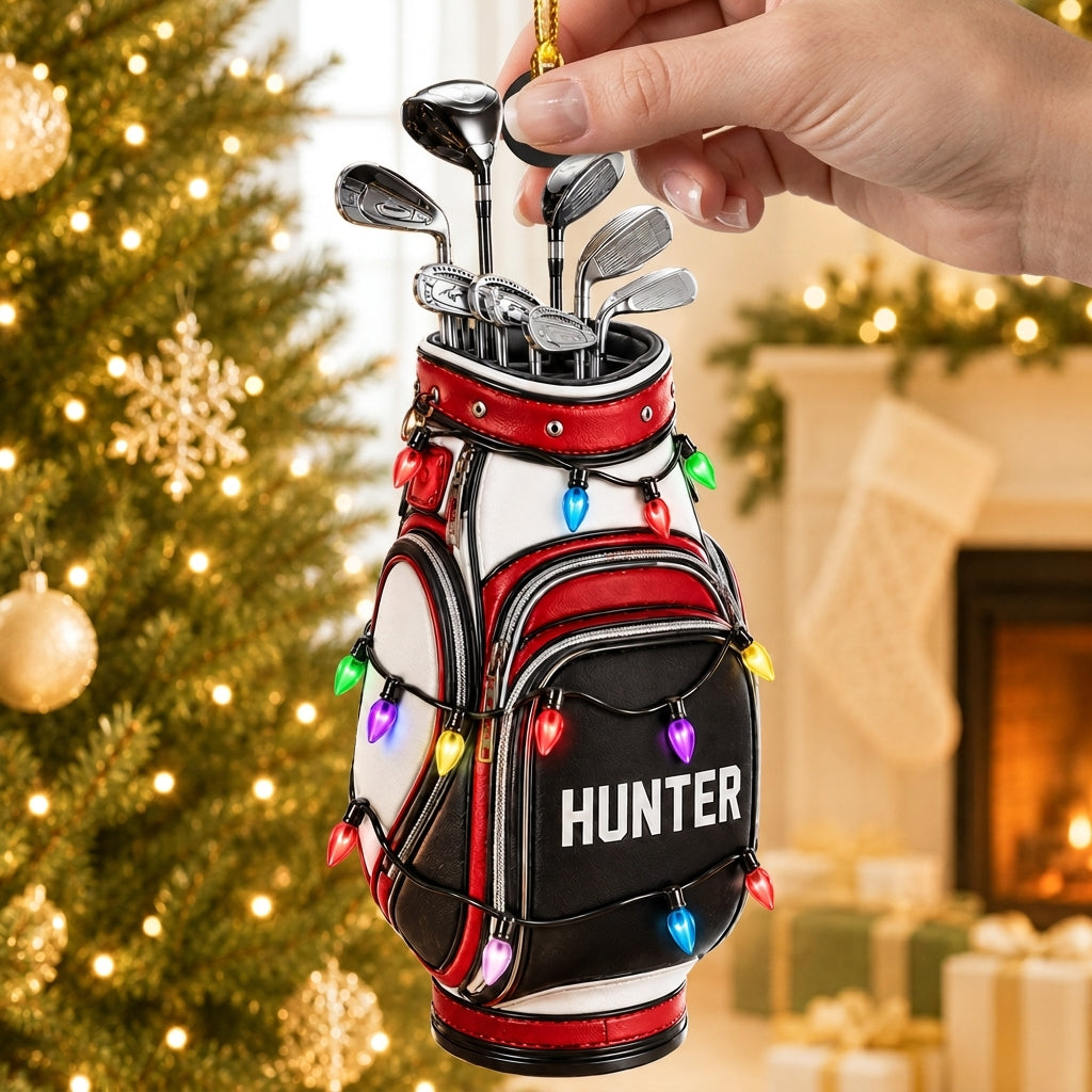 Personalized Golf Bag with Christmas Lights Wood & Acrylic Ornament – Golfer Keepsake - mockup 2
