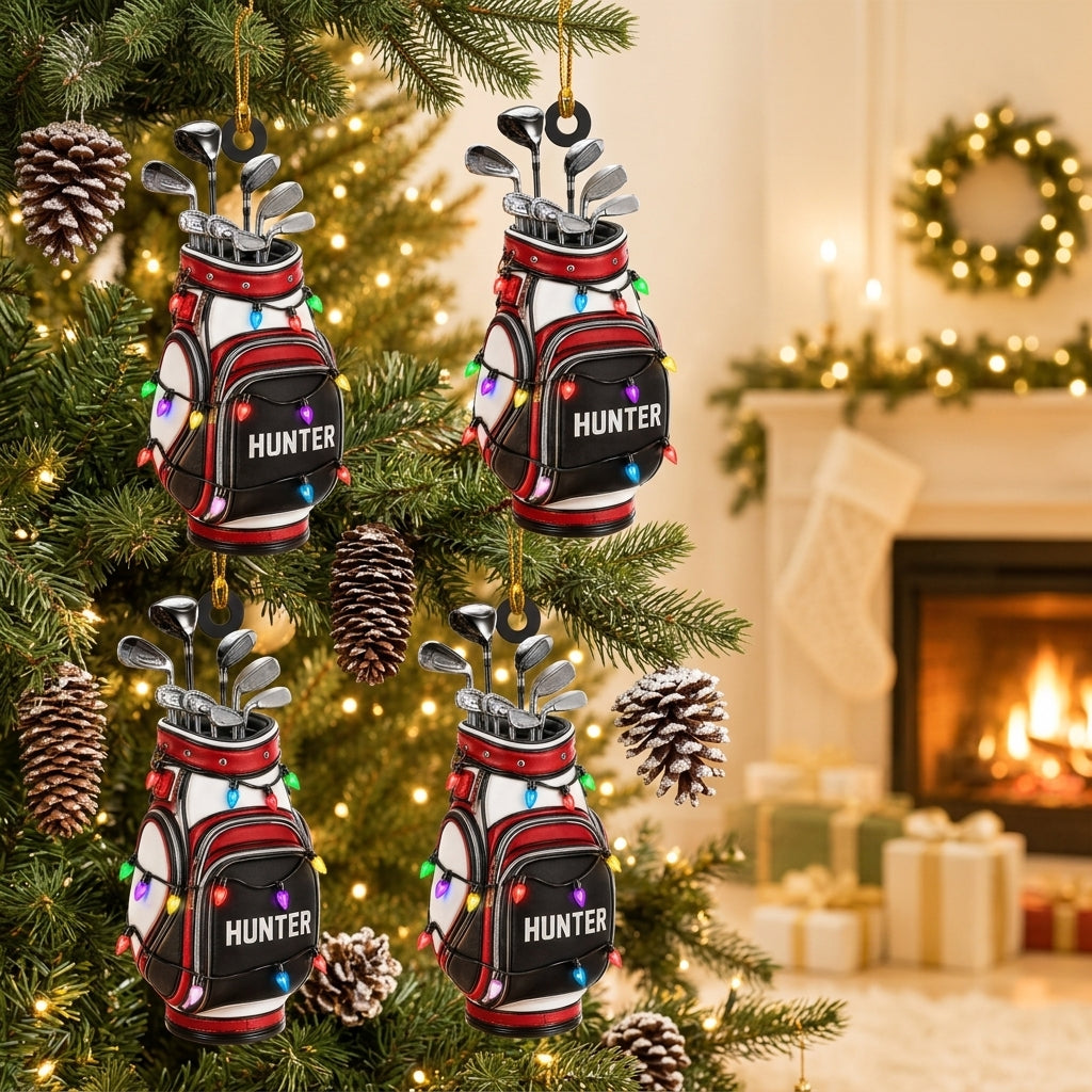 Personalized Golf Bag with Christmas Lights Wood & Acrylic Ornament – Golfer Keepsake - mockup 3