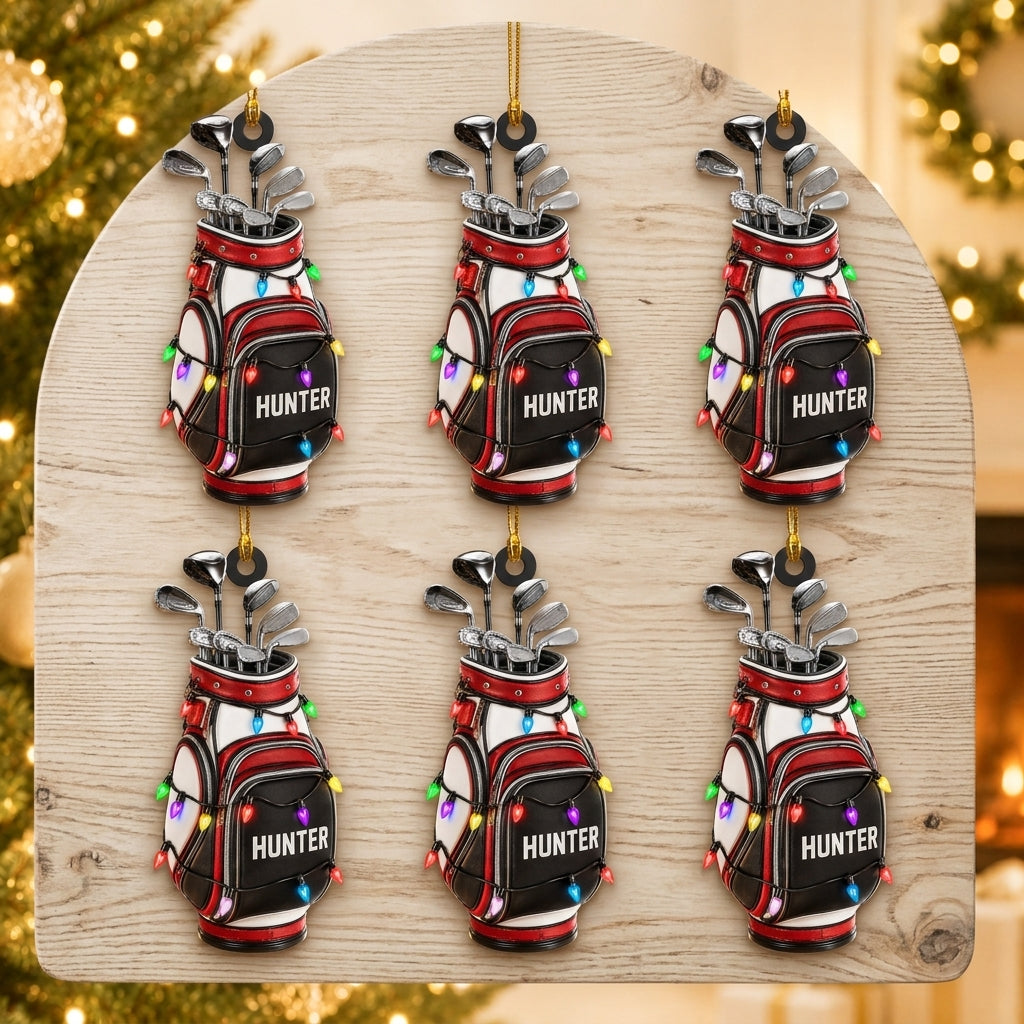 Personalized Golf Bag with Christmas Lights Wood & Acrylic Ornament – Golfer Keepsake - mockup 4