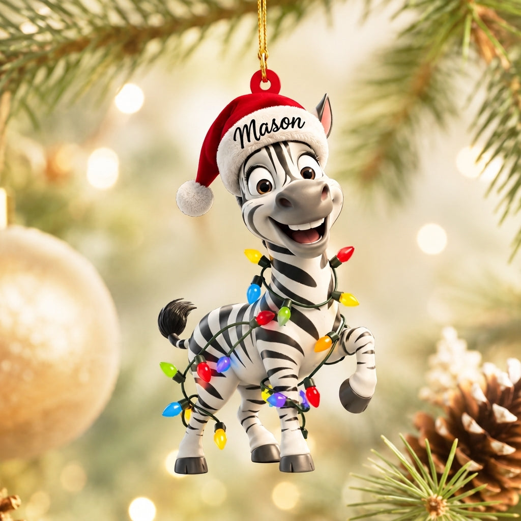 Personalized Zebra with Christmas Lights Wood & Acrylic Ornament – Custom Name Holiday Gift - mockup 1