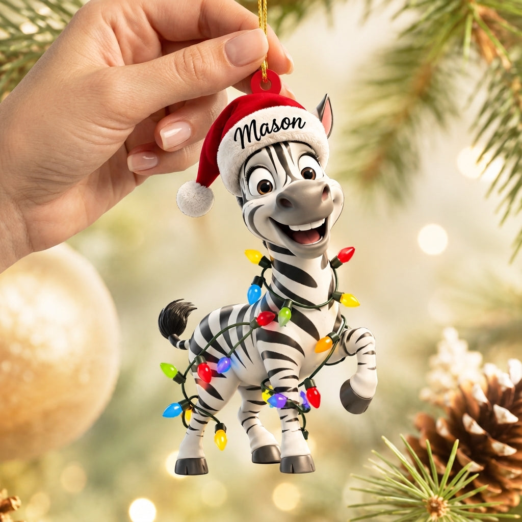 Personalized Zebra with Christmas Lights Wood & Acrylic Ornament – Custom Name Holiday Gift - mockup 2