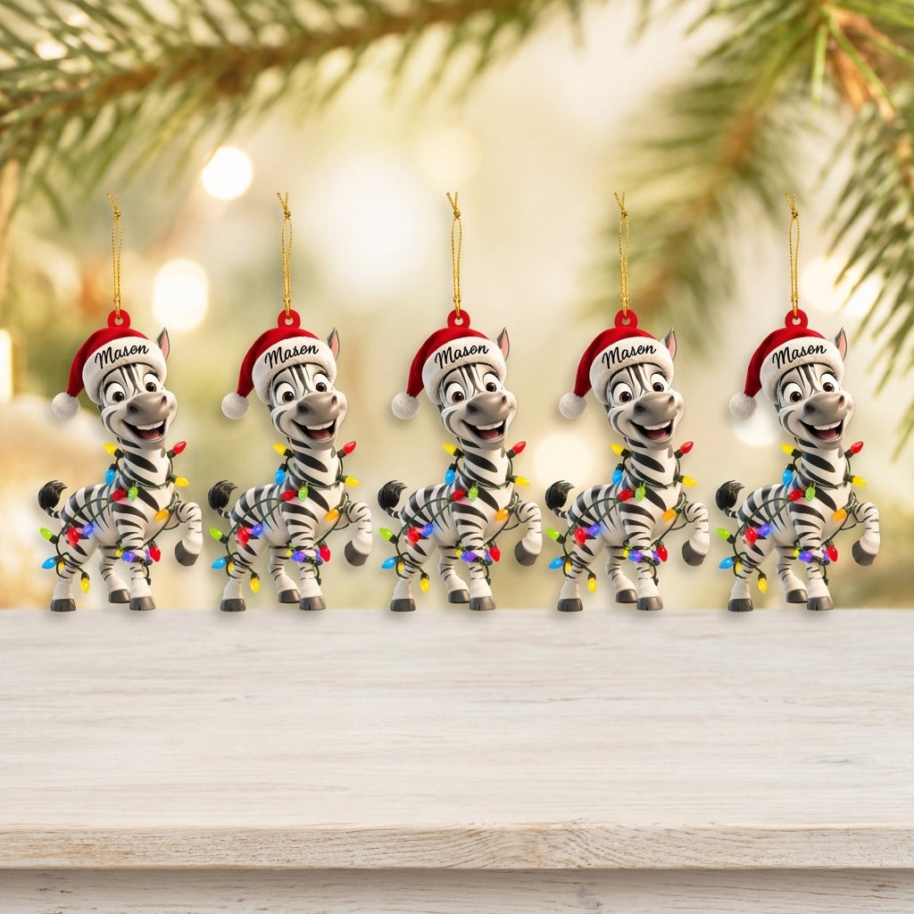 Personalized Zebra with Christmas Lights Wood & Acrylic Ornament – Custom Name Holiday Gift - mockup 4