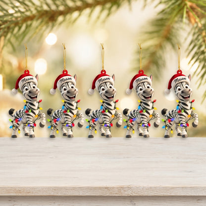 Personalized Zebra with Christmas Lights Wood & Acrylic Ornament – Custom Name Holiday Gift - mockup 4