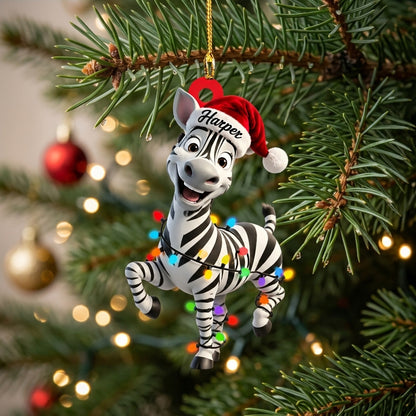 Personalized Zebra with Christmas Lights Wood & Acrylic Ornament – Custom Name Holiday Gift - mockup 1