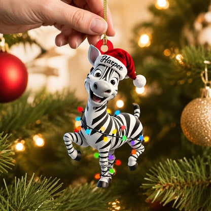 Personalized Zebra with Christmas Lights Wood & Acrylic Ornament – Custom Name Holiday Gift - mockup 2
