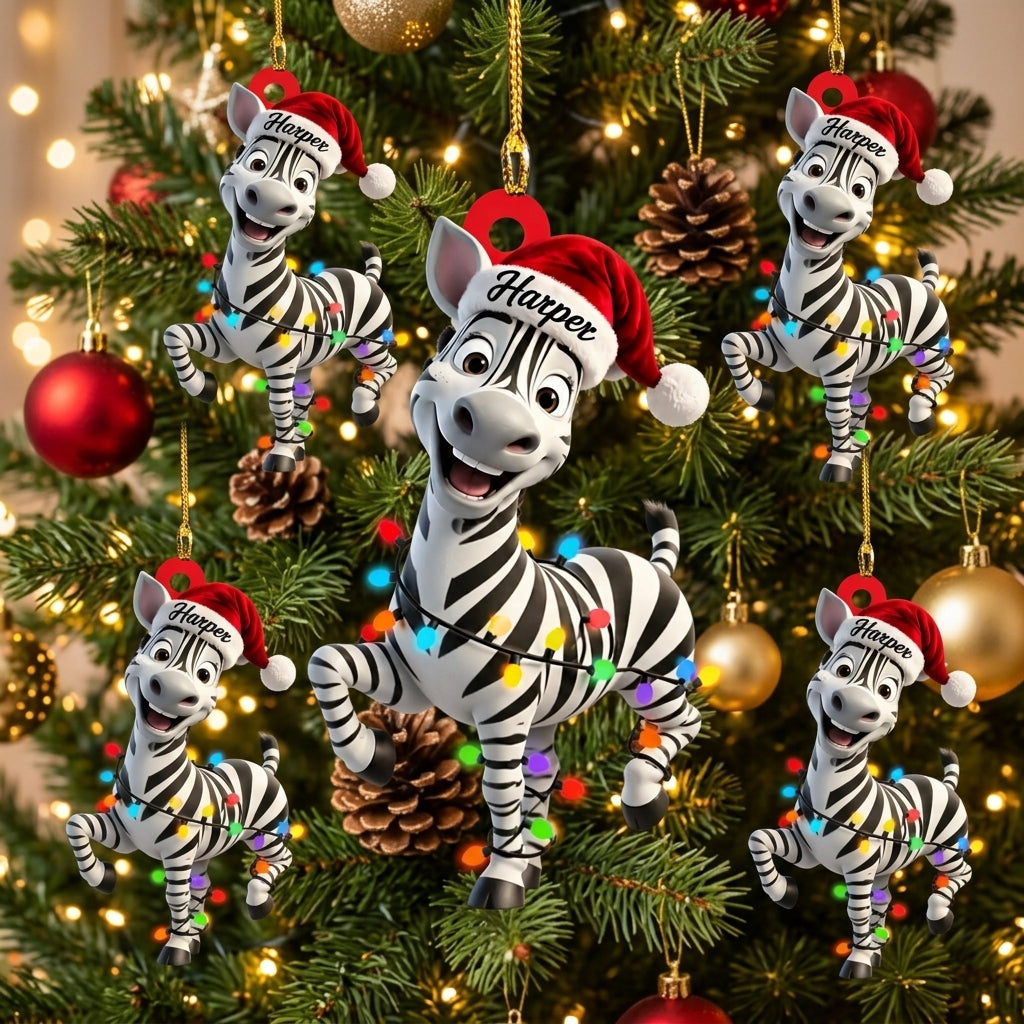 Personalized Zebra with Christmas Lights Wood & Acrylic Ornament – Custom Name Holiday Gift - mockup 3