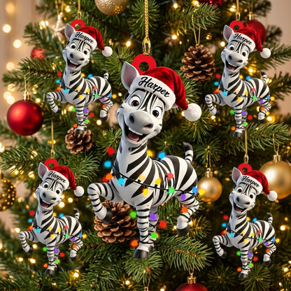 Personalized Zebra with Christmas Lights Wood & Acrylic Ornament – Custom Name Holiday Gift - mockup 3