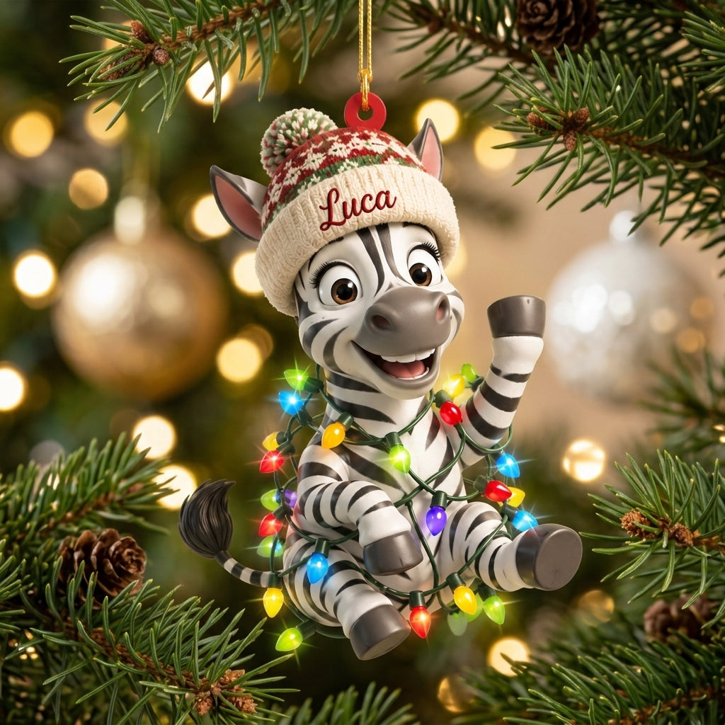 Personalized Zebra Ornament with Christmas Lights - Custom Name Wood & Acrylic Ornament Gift - mockup 1
