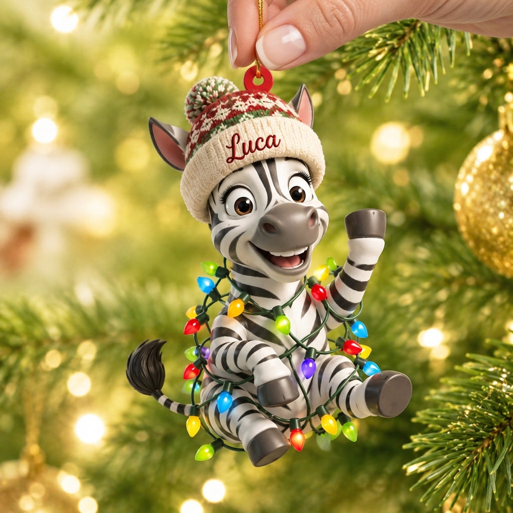 Personalized Zebra Ornament with Christmas Lights - Custom Name Wood & Acrylic Ornament Gift - mockup 2