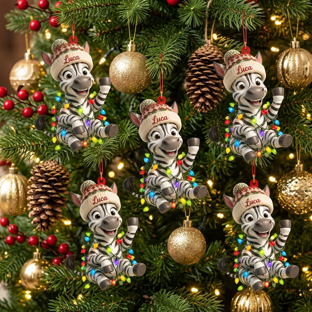 Personalized Zebra Ornament with Christmas Lights - Custom Name Wood & Acrylic Ornament Gift - mockup 3