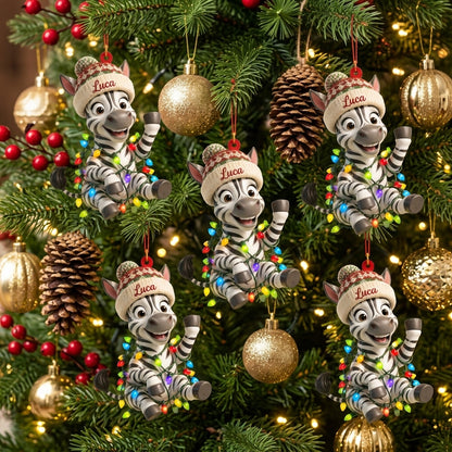 Personalized Zebra Ornament with Christmas Lights - Custom Name Wood & Acrylic Ornament Gift - mockup 3