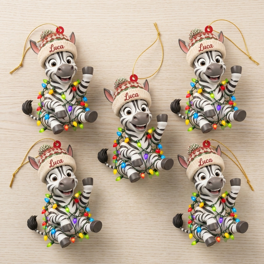 Personalized Zebra Ornament with Christmas Lights - Custom Name Wood & Acrylic Ornament Gift - mockup 4
