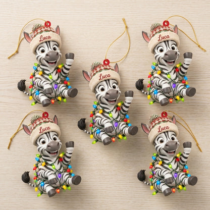 Personalized Zebra Ornament with Christmas Lights - Custom Name Wood & Acrylic Ornament Gift - mockup 4
