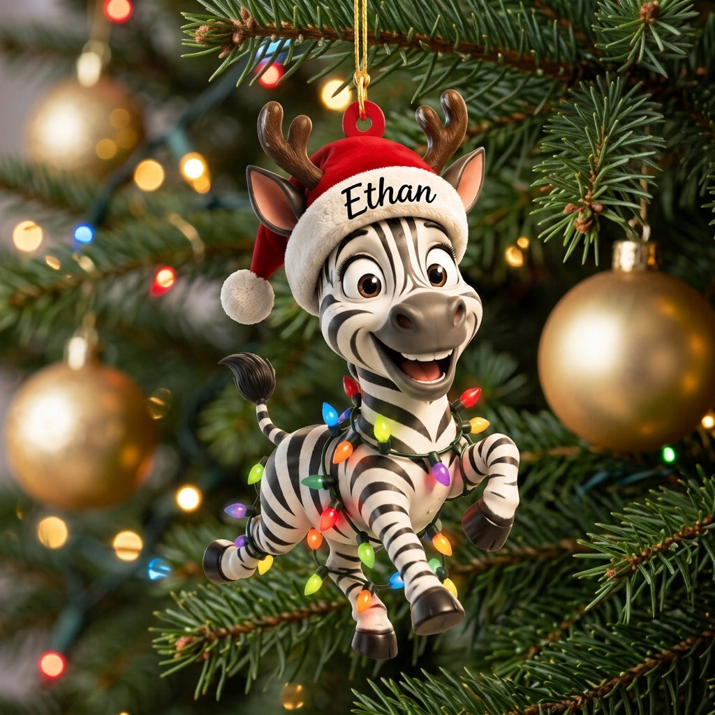 Personalized Zebra Ornament - Custom Name Cute Animal Wood & Acrylic Ornament - mockup 1
