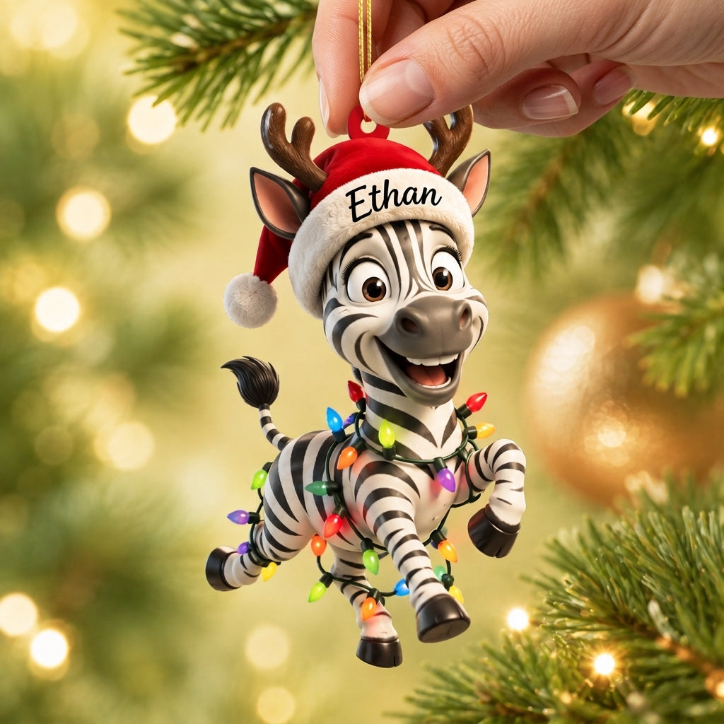 Personalized Zebra Ornament - Custom Name Cute Animal Wood & Acrylic Ornament - mockup 2