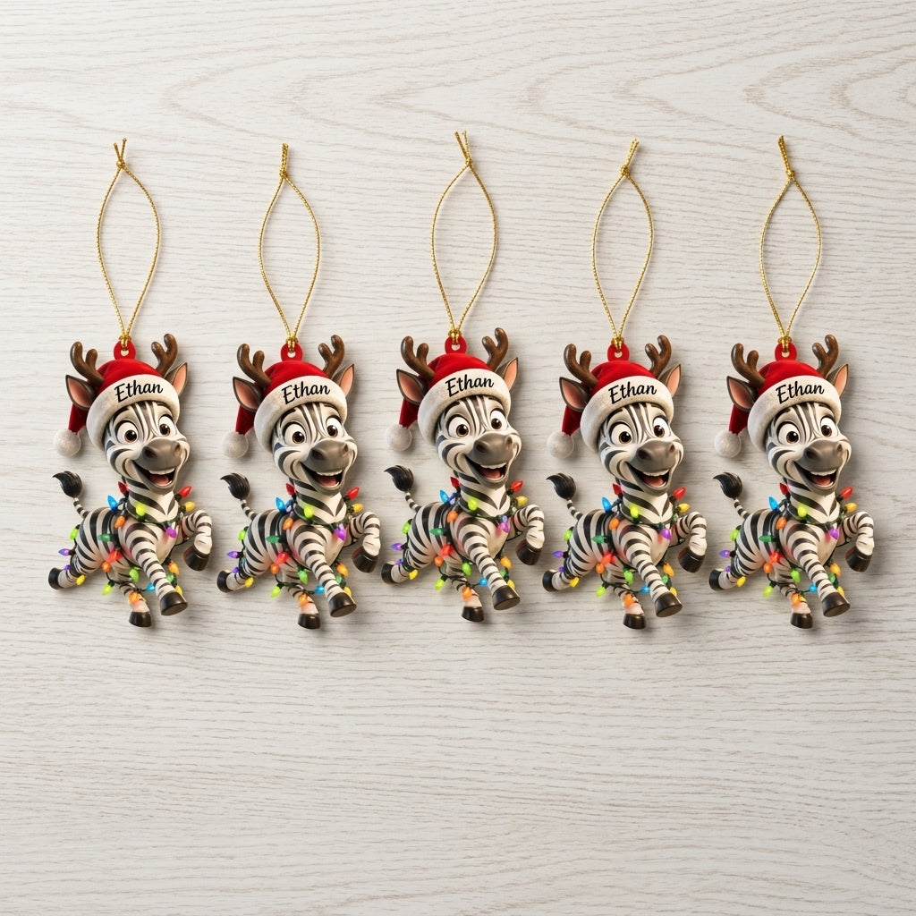 Personalized Zebra Ornament - Custom Name Cute Animal Wood & Acrylic Ornament - mockup 4