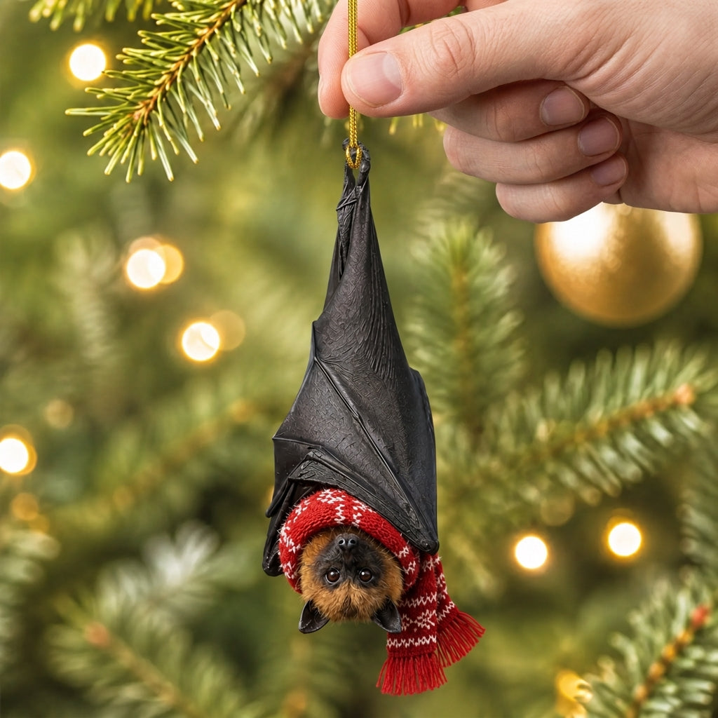 Personalized Black Bat Wood & Acrylic Ornament - Cute Gothic Wildlife Holiday Gift - mockup 2