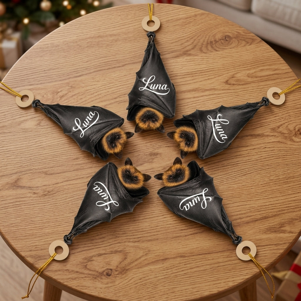 Personalized Hanging Black Bat Wood & Acrylic Ornament – Custom Name Bat Lover Gift - mockup 4