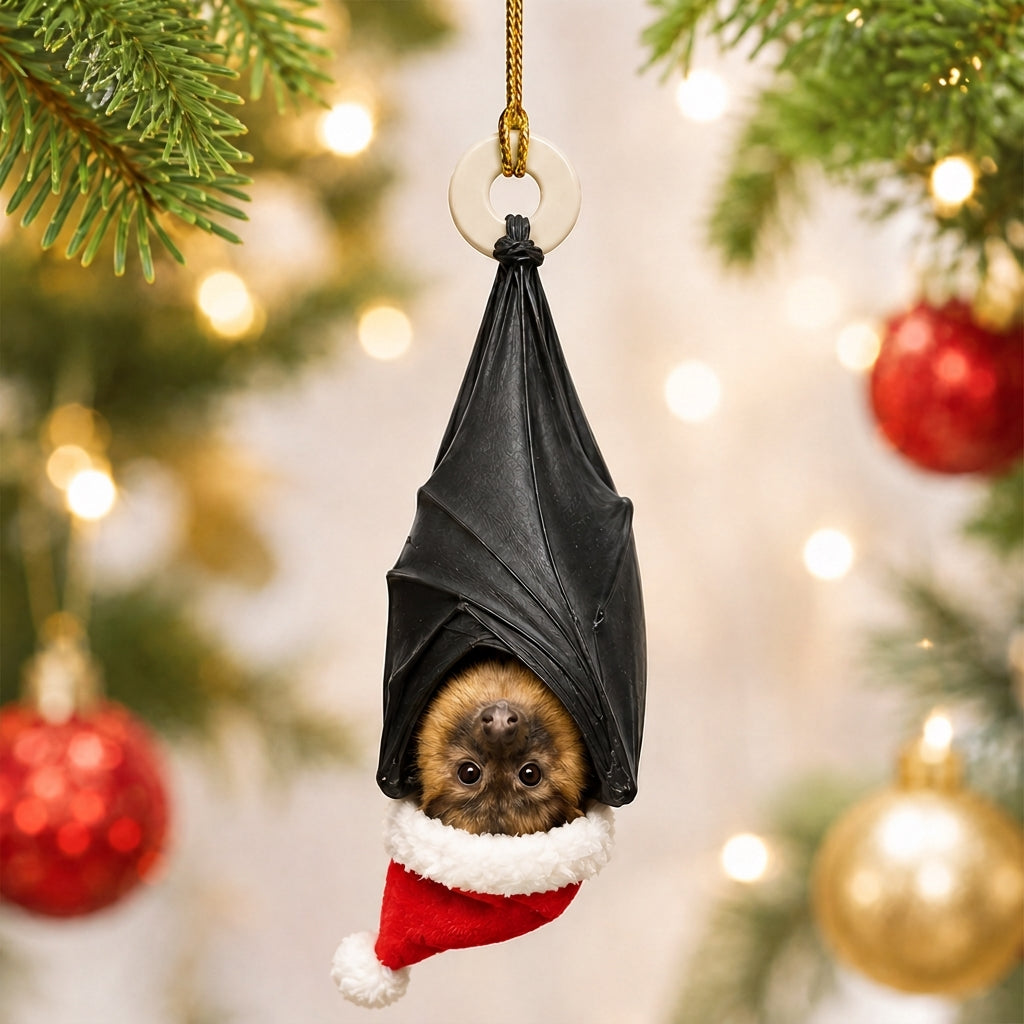 Personalized Black Bat with Santa Hat Wood & Acrylic Ornament – Bat Lover Christmas Gift - mockup 1