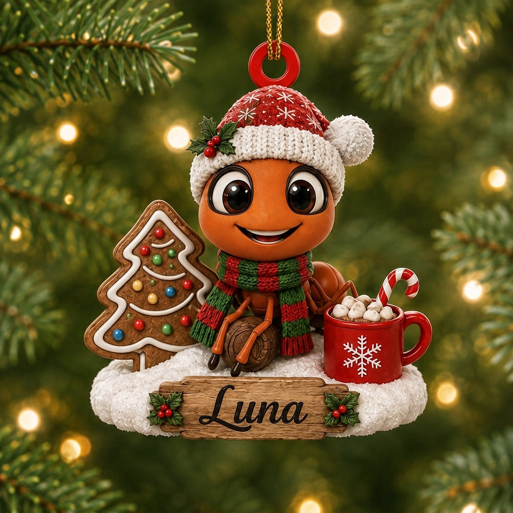 Personalized Ant Ornament with Santa Hat & Cocoa Wood & Acrylic Ornament – Cute Bug Lover Gift - mockup 1