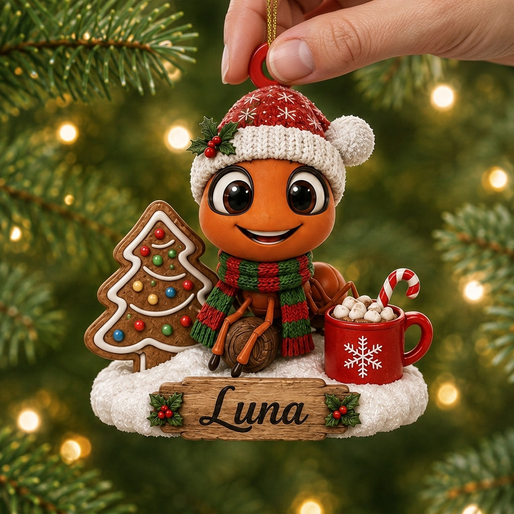 Personalized Ant Ornament with Santa Hat & Cocoa Wood & Acrylic Ornament – Cute Bug Lover Gift - mockup 2