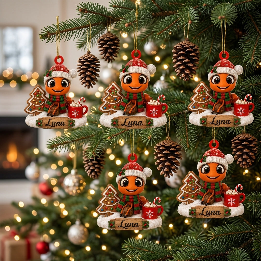 Personalized Ant Ornament with Santa Hat & Cocoa Wood & Acrylic Ornament – Cute Bug Lover Gift - mockup 3