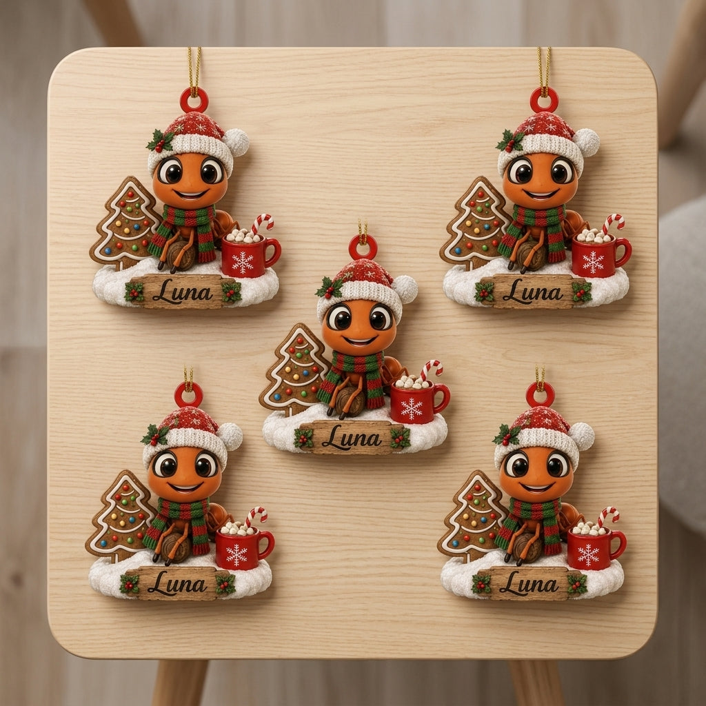 Personalized Ant Ornament with Santa Hat & Cocoa Wood & Acrylic Ornament – Cute Bug Lover Gift - mockup 4