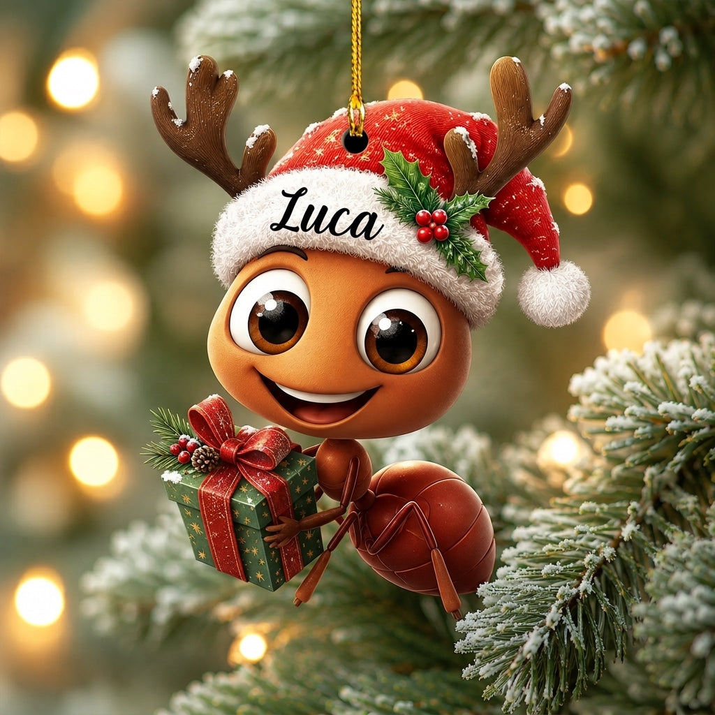 Personalized Ant Ornament with Santa Hat - Custom Wood & Acrylic Ornament Gift - mockup 1