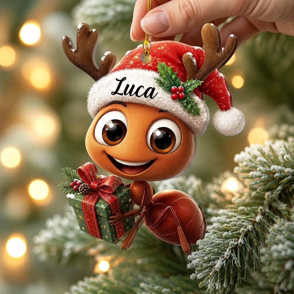 Personalized Ant Ornament with Santa Hat - Custom Wood & Acrylic Ornament Gift - mockup 2
