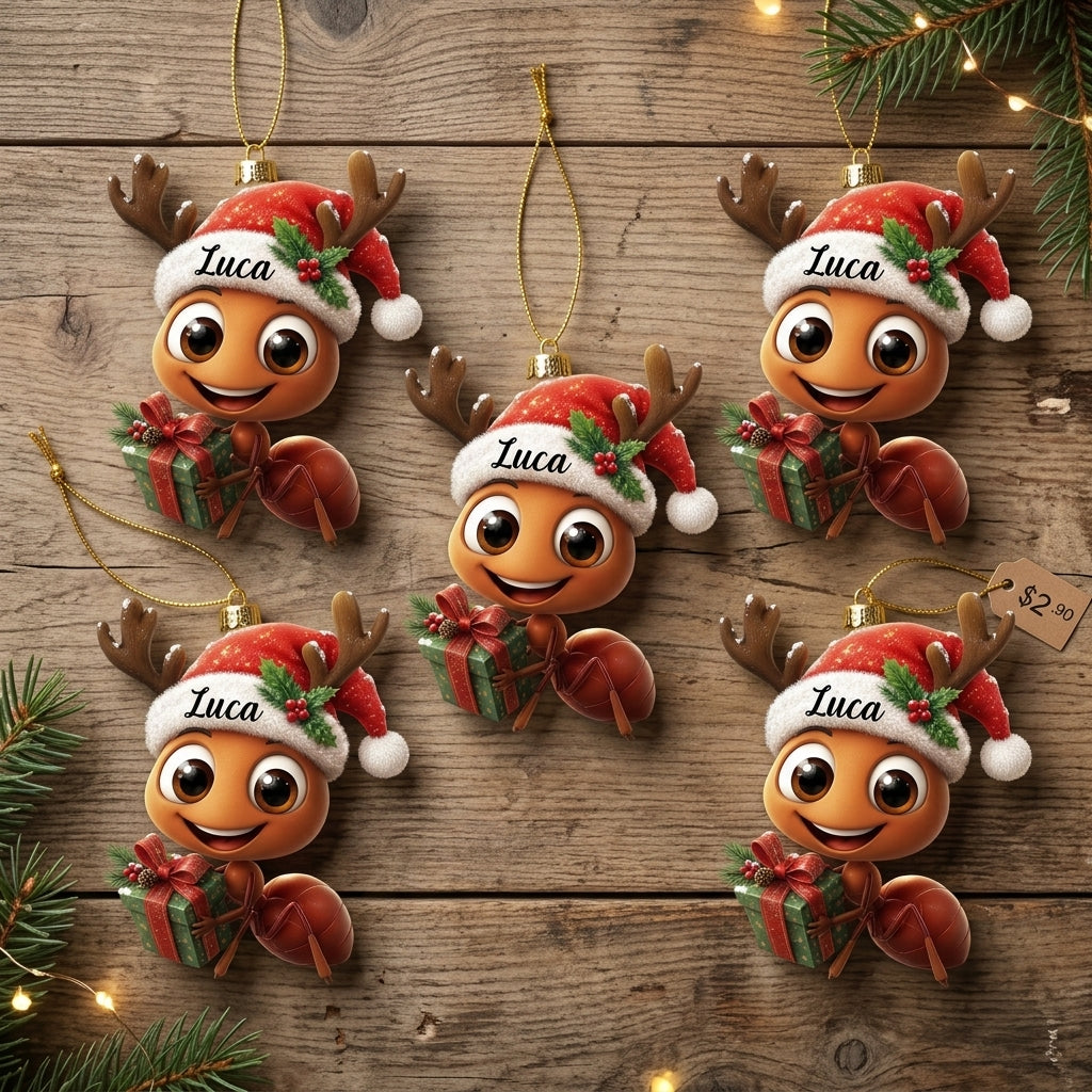 Personalized Ant Ornament with Santa Hat - Custom Wood & Acrylic Ornament Gift - mockup 4