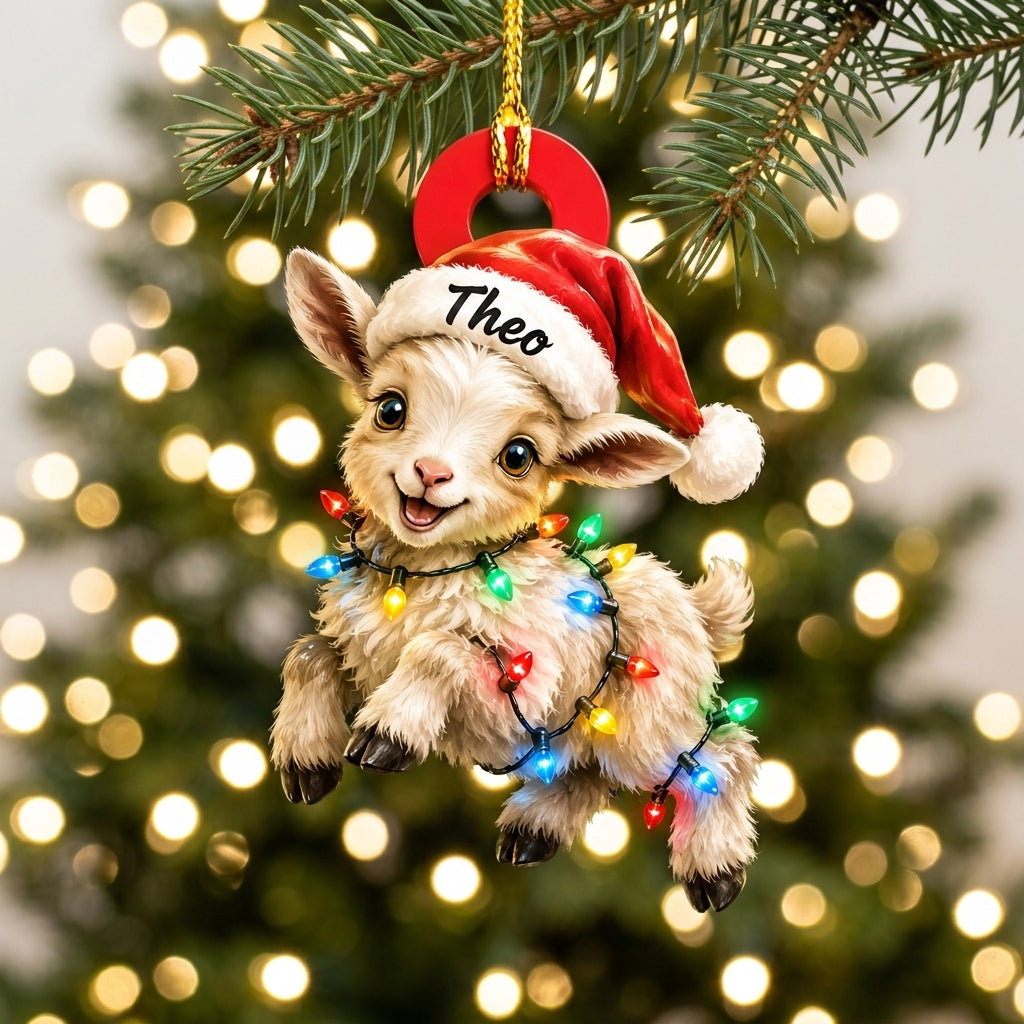Personalized Cute Goat Xmas With Santa Hat Wood & Acrylic Ornament - Custom Name Gift - mockup 1