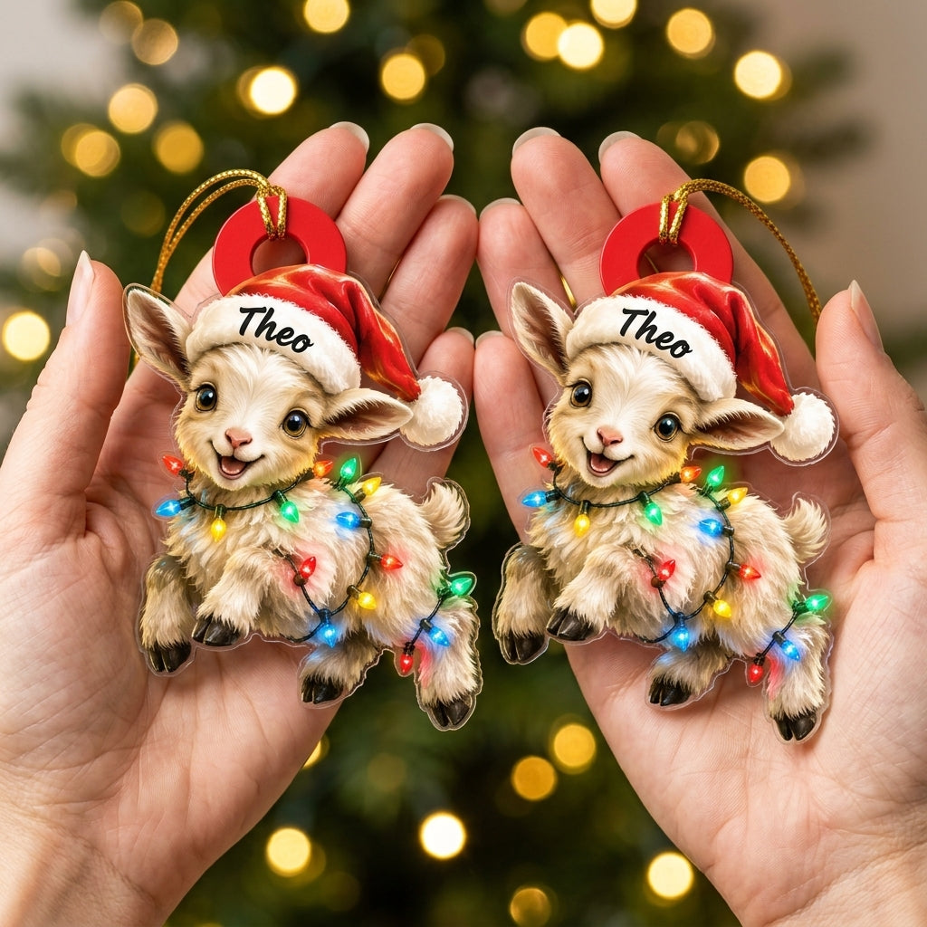 Personalized Cute Goat Xmas With Santa Hat Wood & Acrylic Ornament - Custom Name Gift - mockup 2