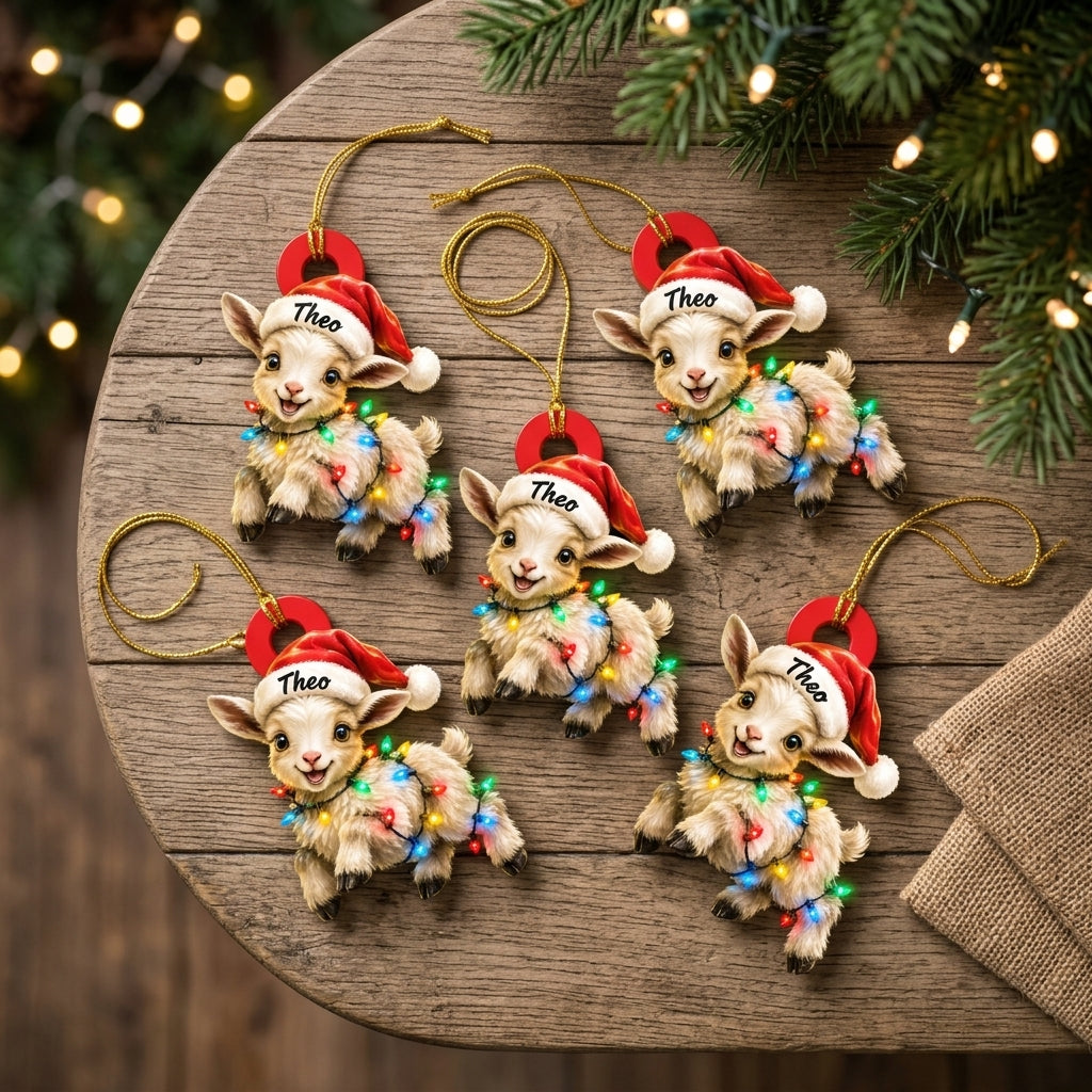 Personalized Cute Goat Xmas With Santa Hat Wood & Acrylic Ornament - Custom Name Gift - mockup 4